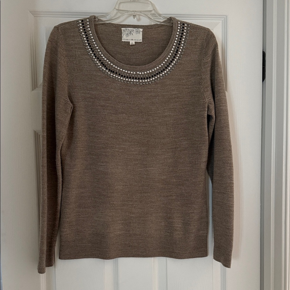 Debbie Morgan light brown Sweater with Beaded Neckline